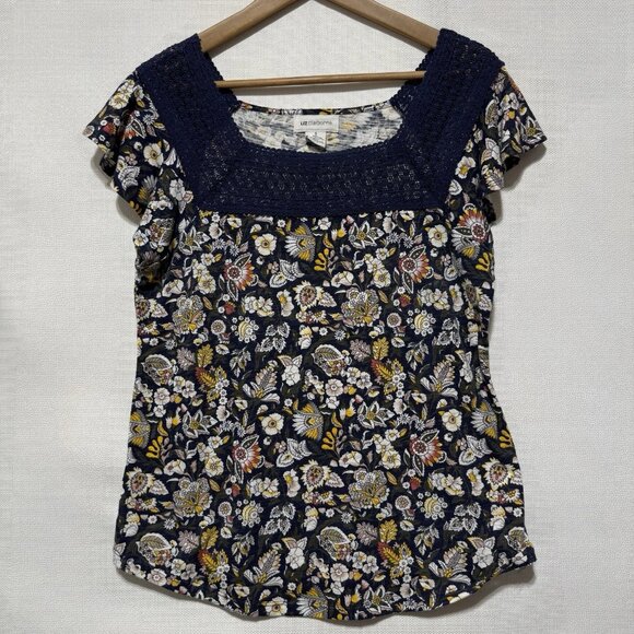 Liz Claiborne Blue Flower Lace Square Neck Blouse Cap Short Sleeve Women's Sm - Picture 1 of 7